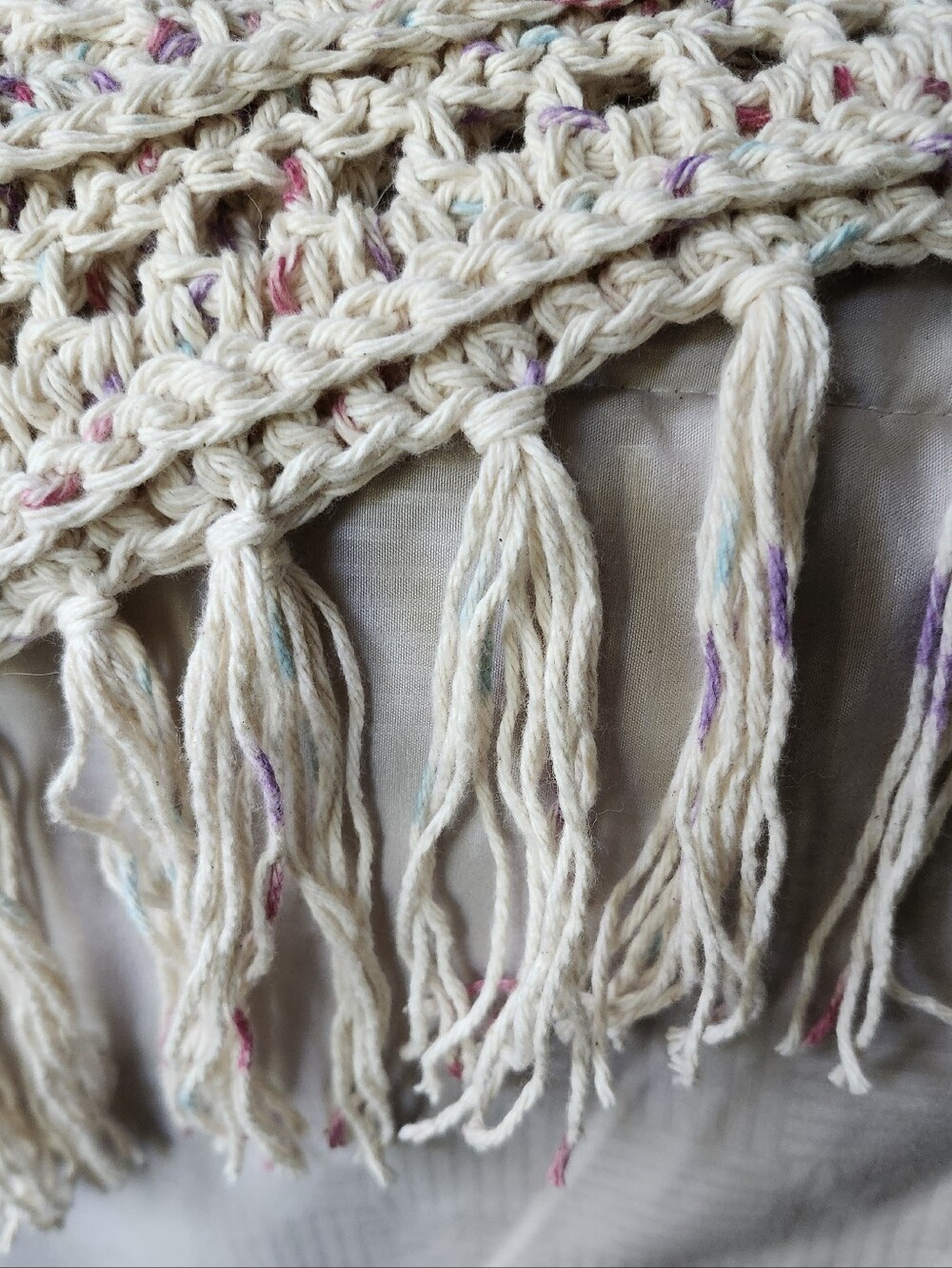 Handmade Fringed Shawl | Extra Large 76" | Ivory Confetti | Hand Crocheted Wrap